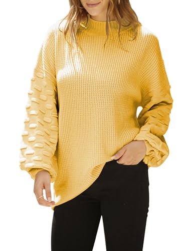 Sovoyontee Damen Herbst Oversized Rundhalsausschnitt Lange Puffärmel Grobstrick Pullover Pullover Tops, gelb, Groß von Sovoyontee