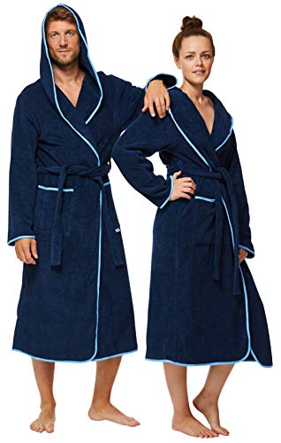 Sowel® Bademantel Damen und Herren, 100% Bio-Baumwolle, Extra Lang mit Kapuze, Morgenmantel, Flauschig, Frottee, S, Navy/Blau von Sowel