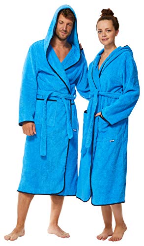 Sowel® Bademantel Damen und Herren, 100% Bio-Baumwolle, Extra Lang mit Kapuze, Morgenmantel, Flauschig, Frottee, M, Blau/Navy von Sowel