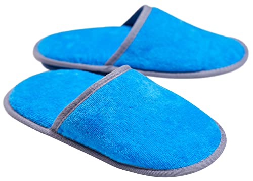 Sowel® Spa Slipper aus Velour Frottee ohne Silikonnoppen, Hotelslipper, Hausschuhe, 100% Bio-Baumwolle, Damen und Herren, One Size, Geschlossen, Blau/Grau von Sowel