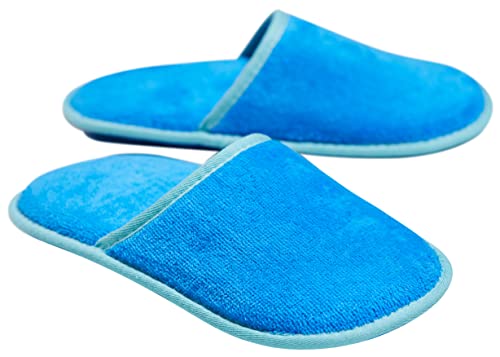 Sowel® Velour Frottee Slipper ohne Silikonnoppen, Hotelslipper, Hausschuhe, 100% Bio-Baumwolle, Damen und Herren, One Size, Geschlossen, Blau/Türkis von Sowel