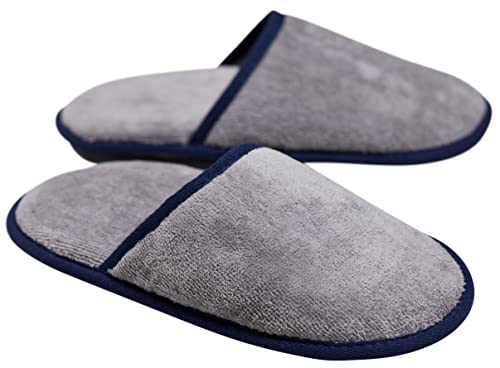 Sowel® Velour Frottee Slipper ohne Silikonnoppen, Hotelslipper, Hausschuhe, 100% Bio-Baumwolle, Damen und Herren, One Size, Geschlossen, Grau/Navy von Sowel