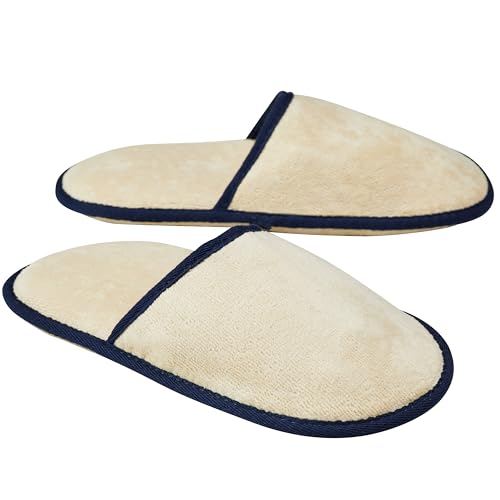 Sowel® Velour Frottee Slipper ohne Silikonnoppen, Hotelslipper, Hausschuhe, 100% Bio-Baumwolle, Damen und Herren, One Size, Geschlossen, Sand/Navy von Sowel