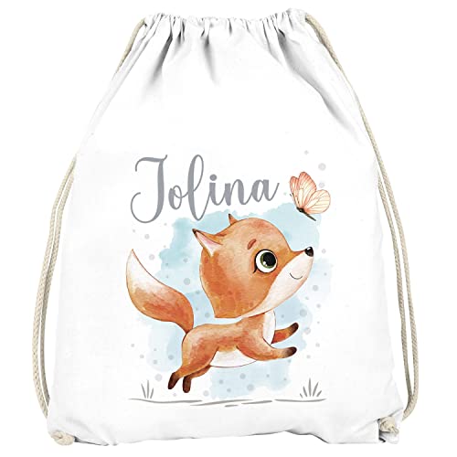 SpecialMe® Kinder Turnbeutel mit Name Tiermotive Bär, Hase, Fuchs personalisierte Geschenke Mädchen Jungen Fuchs weiß unisize von SpecialMe