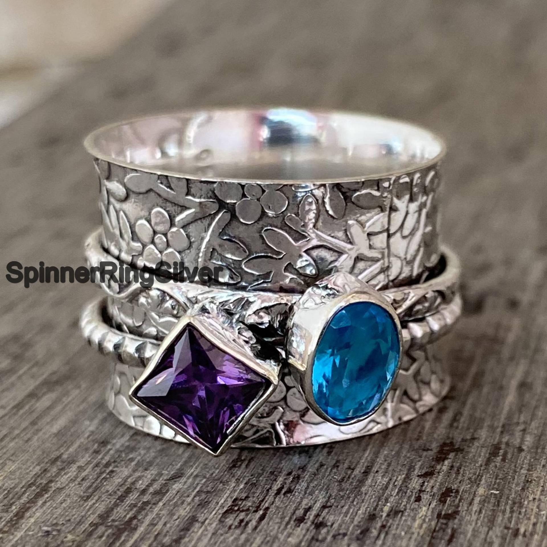 Amethyst & Blautopas Edelstein Ring, 925 Sterling Silber Spinner Frauen Handgemachter Meditation Ehering, Sk 729 von SpinnerRingSilver