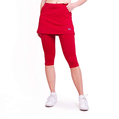 Sportkind Mädchen & Damen 2-in-1 Tennisrock mit Taschen & 3/4 Capri Leggings, Laufrock, Yogahose mit Rock, Sport Skapri, Bordeaux rot, Gr. S von Sportkind