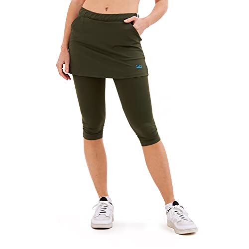 Sportkind Mädchen & Damen 2-in-1 Tennisrock mit Taschen & 3/4 Capri Leggings, Laufrock, Yogahose mit Rock, Sport Skapri, Khaki, Gr. XXXL von Sportkind