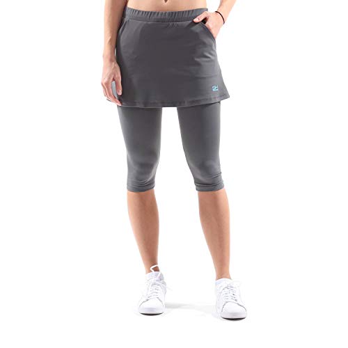 Sportkind Mädchen & Damen 2-in-1 Tennisrock mit Taschen & 3/4 Capri Leggings, Laufrock, Yogahose mit Rock, Sport Skapri, grau, Gr. 134 von Sportkind