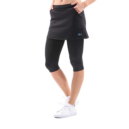 Sportkind Mädchen & Damen 2-in-1 Tennisrock mit Taschen & 3/4 Capri Leggings, Laufrock, Yogahose mit Rock, Sport Skapri, schwarz, Gr. XL von Sportkind