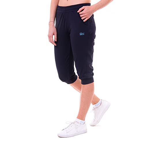 Sportkind Mädchen & Damen 3/4 Jogginghose mit Bündchen & Taschen, atmungsaktive Sport Caprihose ideal für Yoga, Tennis, Fitness, Navy blau, Gr. L von Sportkind