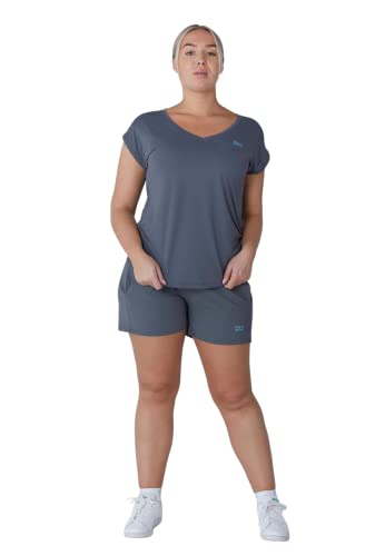 Sportkind Mädchen & Damen Tennis, Fitness, Sport T-Shirt Loose Fit, V-Ausschnitt, atmungsaktiv, UV-Schutz UPF 50+, Kurzarm, grau, Gr. XL von Sportkind