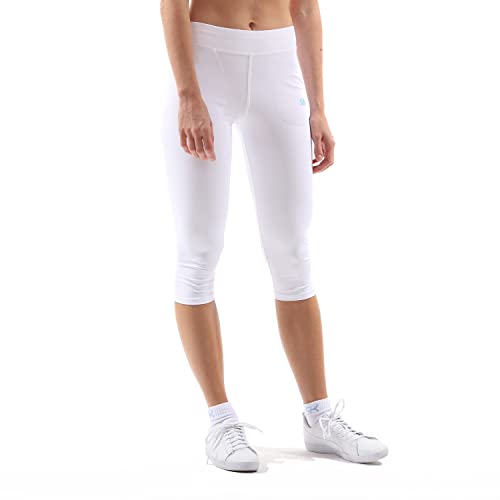 Sportkind Mädchen & Damen Tennis, Fitness Tights, Sport 3/4 Capri Leggings mit Taschen, Mid Waist, blickdicht, atmungsaktiv, weiss, Gr. L von Sportkind