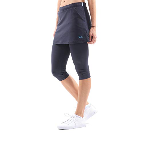 Sportkind Mädchen & Damen 2-in-1 Tennisrock mit Taschen & 3/4 Capri Leggings, Laufrock, Yogahose mit Rock, Sport Skapri, Navy blau, Gr. L von Sportkind