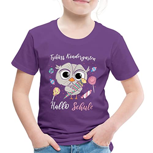 Spreadshirt Tschüss Kindergarten Hallo Schule Eule Kinder Premium T-Shirt, 122/128 (6 Jahre), Lila von Spreadshirt