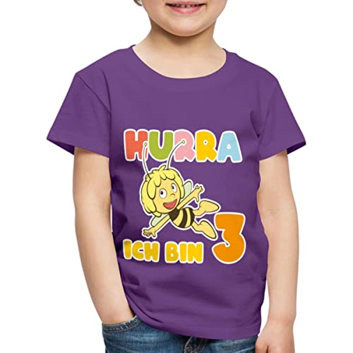 Spreadshirt Biene Maja Hurra Ich Bin 3! Dritter Geburtstag Kinder Premium T-Shirt, 110/116 (4 Jahre), Lila von Spreadshirt