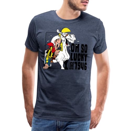 Spreadshirt Lucky Luke mit Jolly Jumper Oh so Lucky Männer Premium T-Shirt, 4XL, Blau meliert von Spreadshirt