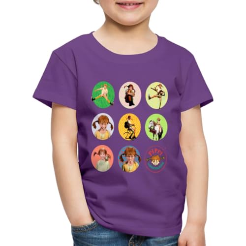 Spreadshirt Pippi Langstrumpf Bilder Von Pippi In Kreisen Kinder Premium T-Shirt, 134/140 (8 Jahre), Lila von Spreadshirt