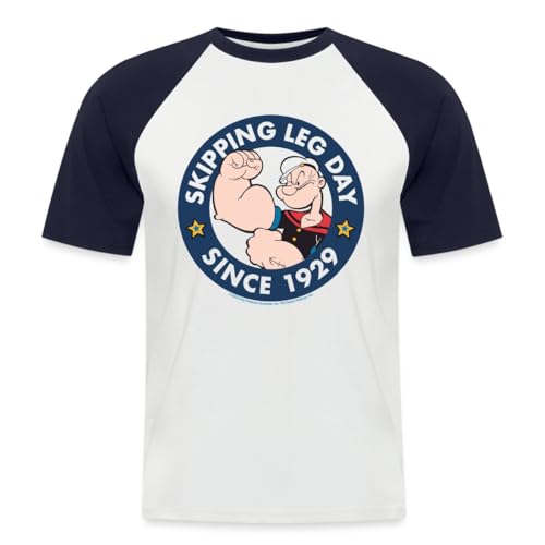 Spreadshirt Popeye Skipping Leg Day Since 1929 Männer Baseball-T-Shirt, M, Weiß/Navy von Spreadshirt