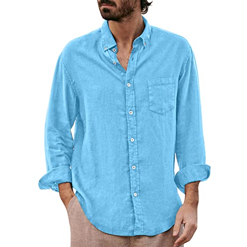 Herren Casual Baumwolle Leinen Shirts Langarm Button Down Shirt für Herren M-3XL, blau, 3XL von Sprifloral