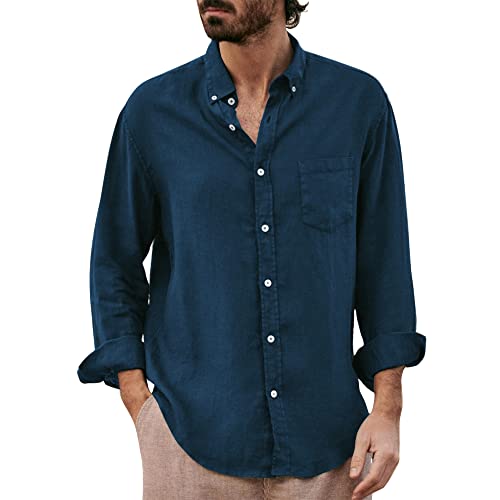 Herren Casual Baumwolle Leinen Shirts Langarm Button Down Shirt für Herren M-3XL, navy, XXL von Sprifloral