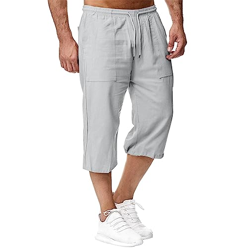 Herren Leinen-Shorts 3/4 Länge Hosen Sommerhose Strand Yoga Jogger Casual Sweatpants Hellgrau 5XL von Sprifloral