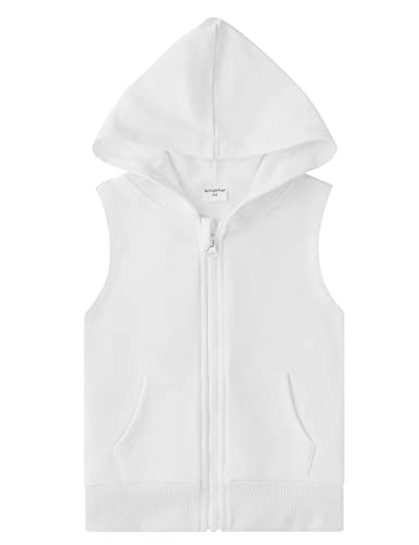 Spring&Gege Jungen Ärmellos Einfarbig Baumwoll Hoodie Kapuzenweste mit durchgehendem Reißverschluss Basic Tanktops Sweatshirt mit Taschen für Kinder, Weiß, 3-4 Jahre von Spring&Gege