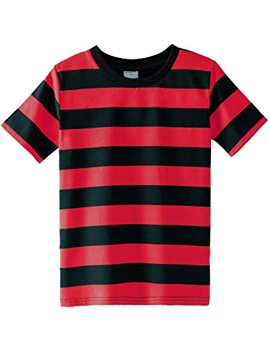 Spring&Gege Jungen Kurzärmliges gestreiftes T-Shirt Baumwoll-T-Shirts mit Rundhalsausschnitt, Schwarzer und roter Streifen, 140-146 von Spring&Gege