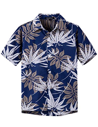 Spring&Gege Jungen Kurzarm Hawaiihemd Cartoon Print Unisex Button Down Lustig Shirts, Marineblaues Blatt, 116-122 von Spring&Gege