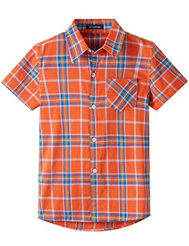 Spring&Gege Jungen Kurzarm Karo Hemd, Plaid Knopf Unten Hemd für Kinder, Orange, 116-122/5-6 Jahren von Spring&Gege