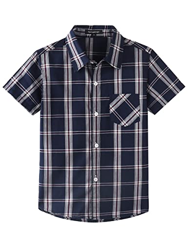 Spring&Gege Jungen Kurzarm Plaid Hemd Casual Baumwolle Kariert Knopf Hemd für Kinder, Dunkel Marineblau, 7-8 Jahre von Spring&Gege