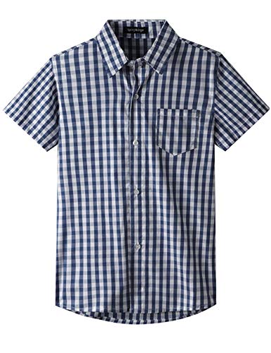 Spring&Gege Jungen Kurzarm Popeline Button Down Shirt Baumwolle Plaid Uniform Groß Kariert Dress Shirts, Navy blau Gingham, 116 122 von Spring&Gege