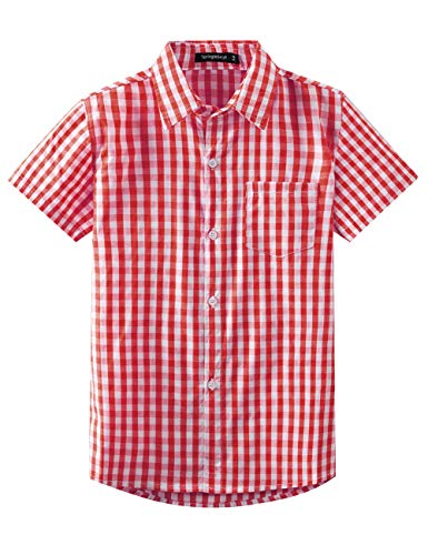 Spring&Gege Jungen Kurzarm Popeline Button Down Shirt Baumwolle Plaid Uniform Groß Kariert Dress Shirts, Rot Gingham, 128 134 von Spring&Gege