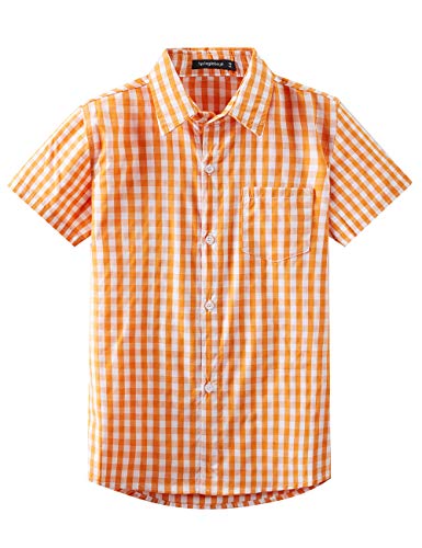 Spring&Gege Jungen Kurzarm Popeline Button Down Shirt Baumwolle Plaid Uniform Hemden, Orange Gingham, 116 122 von Spring&Gege