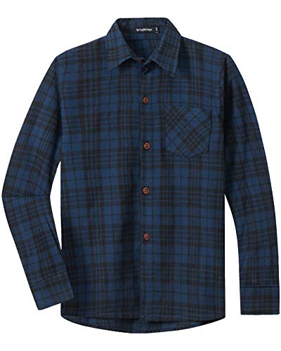 Spring&Gege Jungen Langärmliges Kariertes Button-Down Flanellhemd für Kinder, Marineblau Schwarz, 164-170/13-14 Years von Spring&Gege