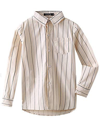 Spring&Gege Jungen Langarm Button Down Shirt Vertikal gestreifte Freizeithemden Hemden, Beige Vertikale Streifen, 9-10 Jahre(L/140 146) von Spring&Gege