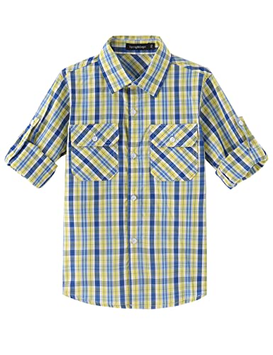 Spring&Gege Jungen Langarm Plaid Hemd Aufrollbar Knopf Unten Hemd Tops für Kinder, Gelb/Königsblau, 11-12 Jahre von Spring&Gege