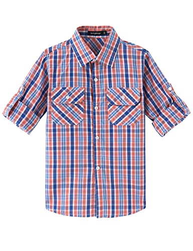 Spring&Gege Jungen Langarm Plaid Hemd Aufrollbar Knopf Unten Hemd Tops für Kinder, Orange/Königsblau, 13-14 Jahre von Spring&Gege