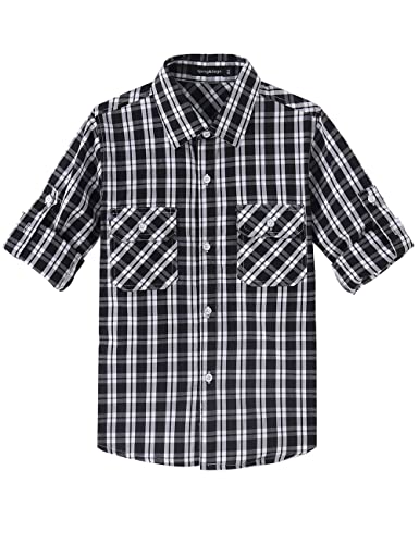 Spring&Gege Jungen Langarm Plaid Hemd Aufrollbar Knopf Unten Hemd Tops für Kinder, Schwarz, 7-8 Jahre von Spring&Gege