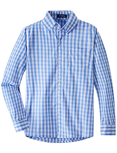 Spring&Gege Jungen Langarm Popeline Button Down Shirt Baumwolle Plaid Uniform Dress Shirts, Blau Groß Gingham, XXL von Spring&Gege