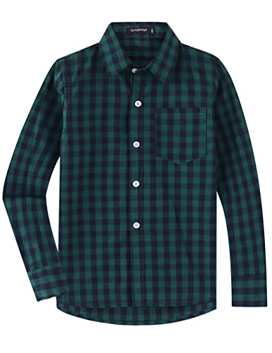 Spring&Gege Jungen Langarm Popeline Button Down Shirt Baumwolle Plaid Uniform Dress Shirts, Grün/Marineblau Gingham,XL von Spring&Gege