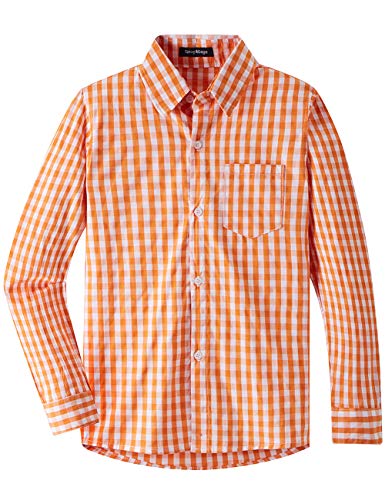 Spring&Gege Jungen Langarm Popeline Button Down Shirt Baumwolle Plaid Uniform Dress Shirts, Orange Groß Gingham,XL von Spring&Gege