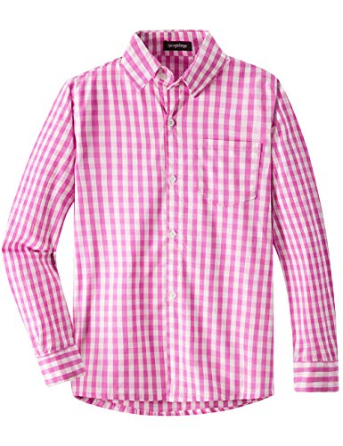 Spring&Gege Jungen Langarm Popeline Button Down Shirt Baumwolle Plaid Uniform Groß Kariert Dress Shirts, Rosa Gingham, XL von Spring&Gege