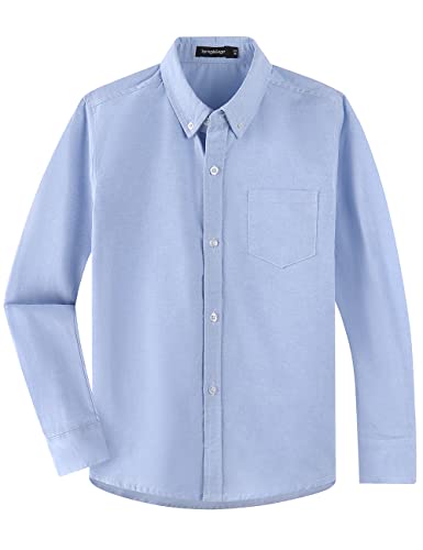 Spring&Gege Jungen Langarm Schuluniform Oxford Hemd Baumwolle Einfarbig Button Down Hemden für Kinder, Blau, 9-10 Jahre von Spring&Gege