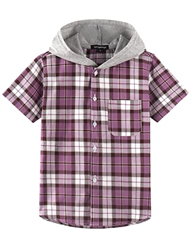 Spring&Gege Jungen Mädchen Hoodie Kurzarm Karohemd Lässig Baumwolle Button-Down Shirts, Lila, 13-14 Jahre von Spring&Gege