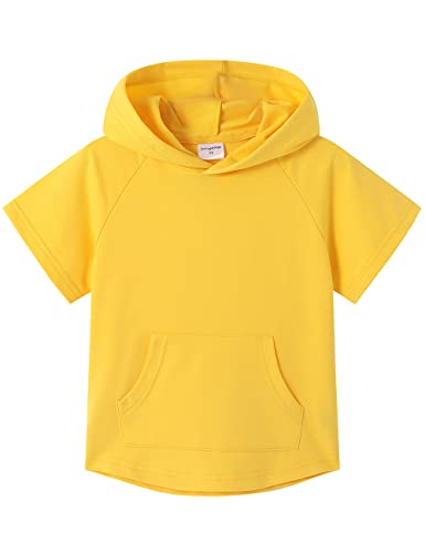 Spring&Gege Kinder Lässig Einfarbig Kurzarm Kapuzenpullover Pullover Basic Baumwolle Kapuzenpulli T-Shirt, Gelb, 7-8 Jahre(M/128 134) von Spring&Gege