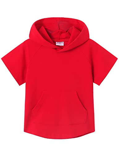 Spring&Gege Kinder Lässig Einfarbig Kurzarm Kapuzenpullover Pullover Basic Baumwolle Kapuzenpulli T-Shirt, Rot, 11-12 Jahre(XL/152 158) von Spring&Gege