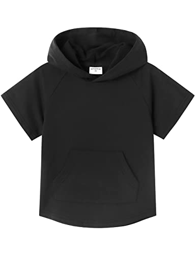 Spring&Gege Kinder Lässig Einfarbig Kurzarm Kapuzenpullover Pullover Basic Baumwolle Kapuzenpulli T-Shirt, Schwarz, 11-12 Jahre(XL/152 158) von Spring&Gege