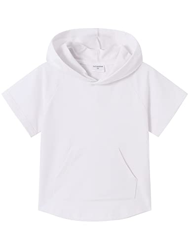 Spring&Gege Kinder Lässig Einfarbig Kurzarm Kapuzenpullover Pullover Basic Baumwolle Kapuzenpulli T-Shirt, Weiß, 7-8 Jahre(M/128 134) von Spring&Gege