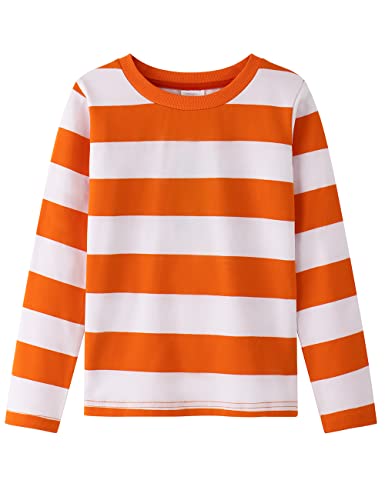 Spring&Gege Langärmliges gestreiftes T-Shirt für Jungen Baumwoll-T-Shirts mit Rundhalsausschnitt, Orange und weißer Streifen, 11-12 Jahre von Spring&Gege