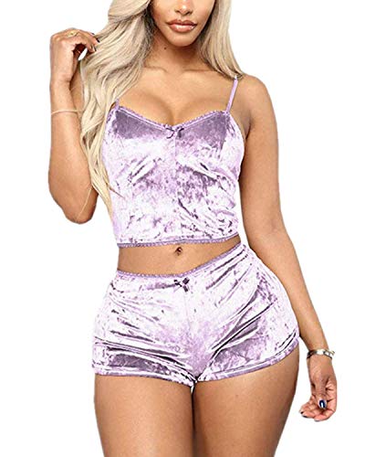 Springcmy Damen Pyjama-Set, sexy, Samt, Spaghettiträger, bauchfreies Top, Camisole und Shorts mit hoher Taille Gr. 46, hellviolett von Springcmy